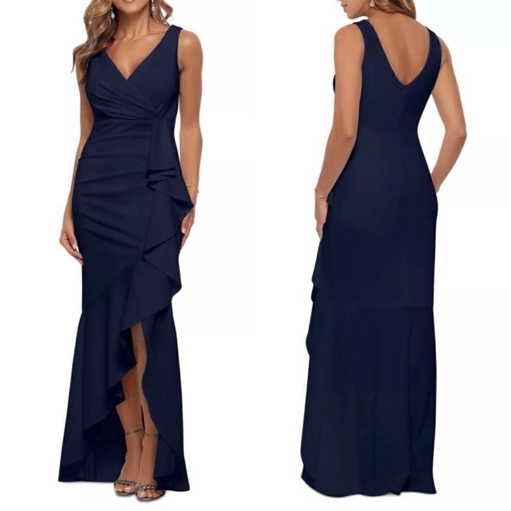 Betsy & Adam A24829 V-Neck Cascade Ruffle High-Low Gown $249